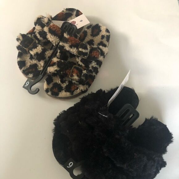 Sherpa Buckle Sandals Womens 6 Lot Of 2 Black Leopard - Picture 1 of 4